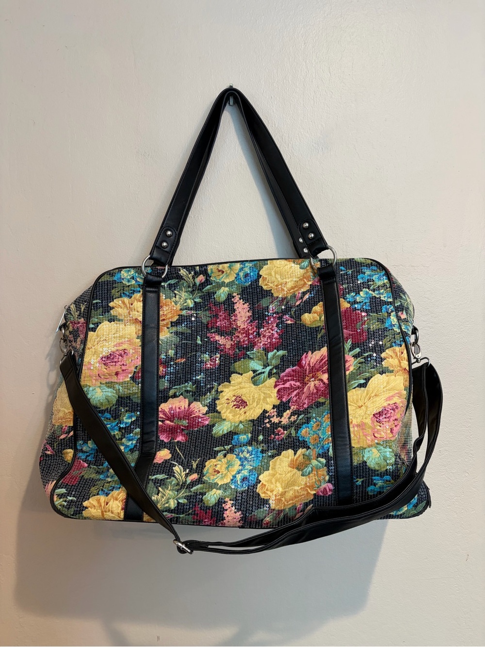 Pretty Floral Sequin Weekend Bag, with Adjustable Shoulder Strap and Handles